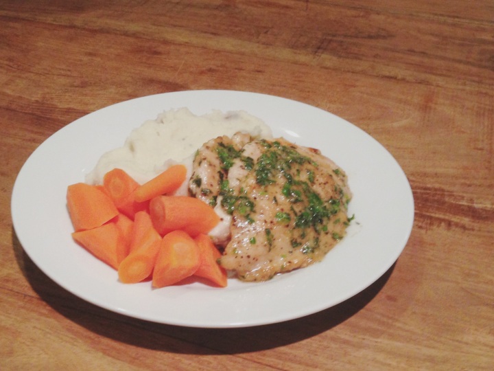 Chicken Cutlets with Herb Butter, Creamy Mashed Potatoes and Steamed Carrots.